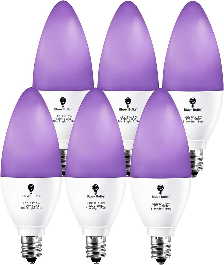 6 Pack LED Black Light Bulb, 6W E12 Candle Blacklight Bulb Level 385-400nm, Body Paint, Glow in The Dark Party E12 LED Light Bulb Neon Glow Fluorescent Poster Candelabra Bulbs