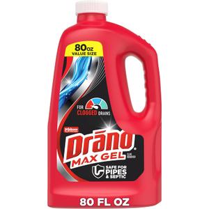 Drano Max Gel Drain Clog Remover & Cleaner, Fast-Acting to Unclog Standing Water & Remove Hair, Grease & Food Blockages, Safe for all Pipes & Septic, Kitchen Sinks, Bathroom Showers & Tubs, 80 Oz (80 Fl Oz (Pack of 1))