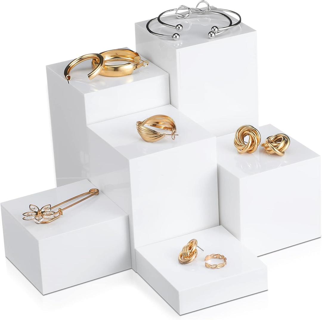 Ripeng 6 Pcs White Acrylic Display Risers Cube Square Jewelry Nesting Risers with Hollow Bottoms for Necklaces Earrings Glasses