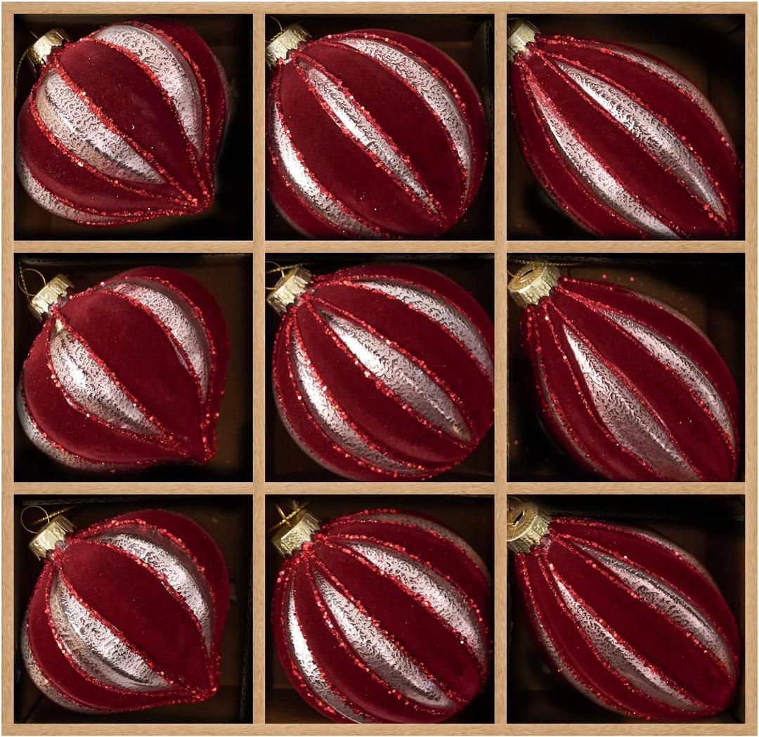 DN DECONATION Burgundy Red Glass Christmas Ornaments, Flocked Velvet Hanging Ball Ornament with Assorted Sizes & Designs, Matte Glass Ornament for Vintage Xmas Tree Home Party Decor (9PCS) (Set of 9)