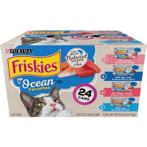 Purina Friskies Ocean Favorites Wet Cat Food Pate and Meaty Bits Variety Pack With Salmon and Tuna - (Pack of 24) 5.5 oz. Cans BBD: 04/2027