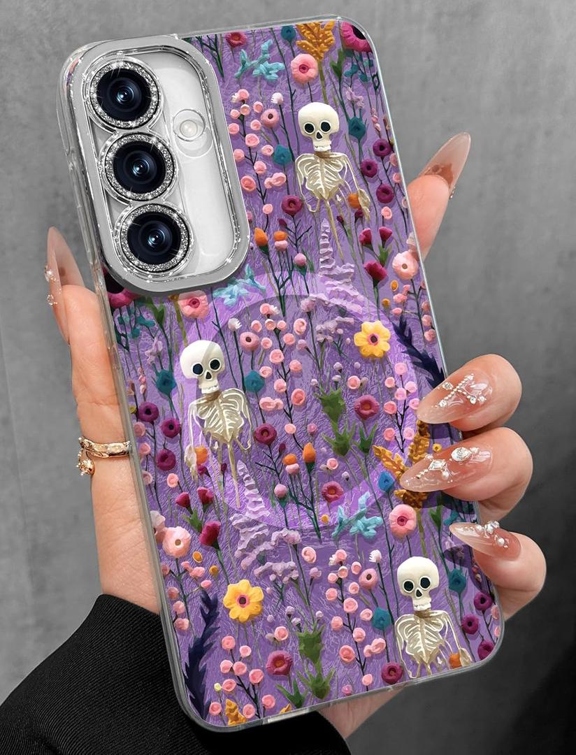 Toycamp for Samsung Galaxy S25/S24 Case - Compatible with Magsafe Aesthetic Cute Holographic Galaxy S25 Case with Diamond Bling Lens Protector for Samsung S24 Cover for Women Girls, Skull Flower