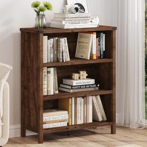 BON AUGURE Rustic Short Bookshelf, 3 Shelf Bookcase, Small Wood Low Book Cases/Shelves, Farmhouse Storage Tier Book Shelves for Home Office, Living Room, Small Space (Rustic Oak)