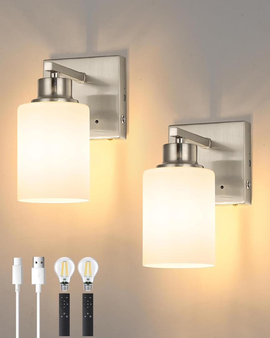 Wireless Wall Sconces, Nickel Battery Operated Wall Sconce Set of 2 with Timer Function, Easy Install Dimmable Rechargeable Wall Lamps for Living Room, Bedroom, Hallway, Entryway Decor 3000K