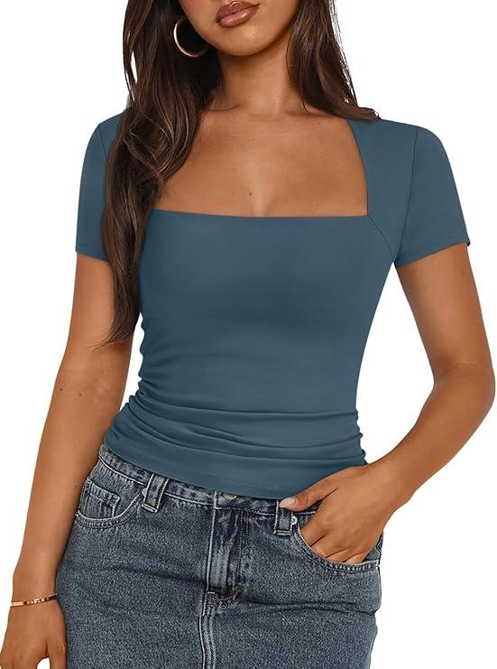 Trendy Queen Women's Square Neck Tops Short Sleeve Shirts Double Lined Workout Summer Clothes Casual Slim Fit T-Shirts, Size: M