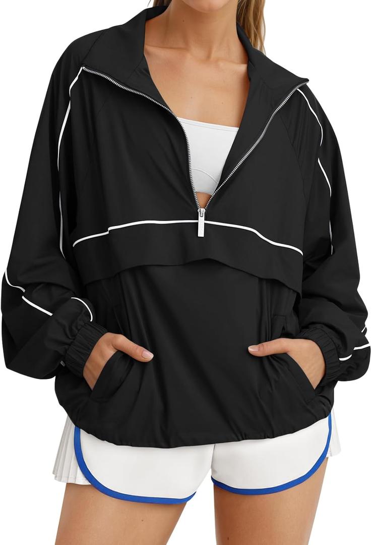 Fisoew Quarter Zip Pullover Women UPF 50+ Lightweight Windbreaker Jacket Running Hiking Outdoor Pullover with Pocket, Medium 