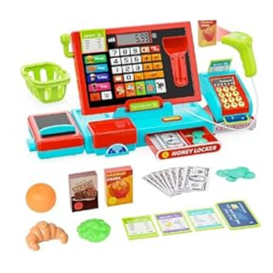 Small Toy Cash Register for Kids, Cash Register with Scanner, Real Calculator/Toy Money/Credit Cards/Food, Perfect Cash Register for Kids Ages 4-8