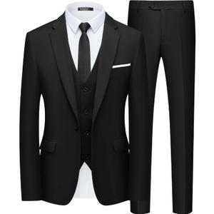 WULFUL Mens Slim Fit Suit One Button 3-Piece Blazer Dress Business Wedding Party Jacket Vest & Pant (X-Small, Black)