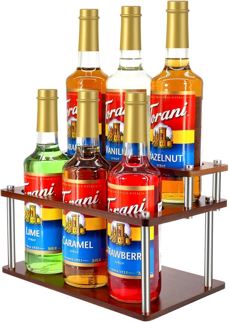 Coffee Syrup Organizer Rack,2-Tier Coffee Syrup Stand Holder for Coffee Station Countertop,6 Bottles Storage Display Shelves, Dressing Cocktail in Coffee Bar (Brown)