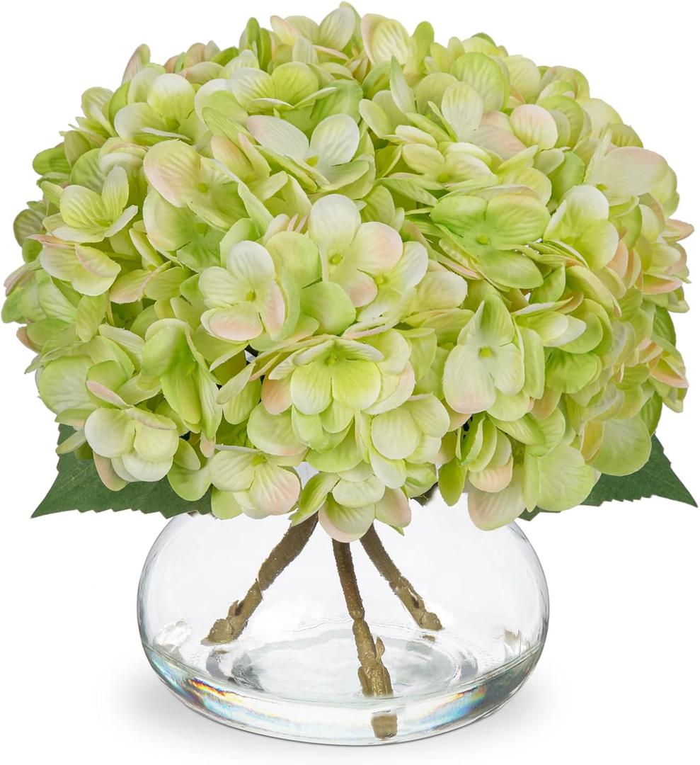 Hollyone Hydrangea Artificial Flowers with Glass Vase BlueGreen Silk Faux Flowers Arrangements in Vase with Faux Water Fake Floral Bulk Bouquet for Home Decor Table Centerpiece Decorations