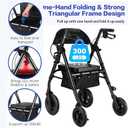 Ambliss Lightweight Folding Rollator Walker for Seniors with Seat, 10" All-Terrain Non-Pneumatic Wheels, Wide Padded Seat & Breathable Backrest, Adjustable Height 5'2"-6'7", 300 lbs Capacity Black