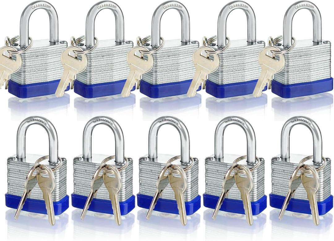 Laminated Steel Padlock with Same Keys for Gym Locker Toolbox Shed Storage, keyed Alike, Normal Shackle, Pack of 10(1.3")