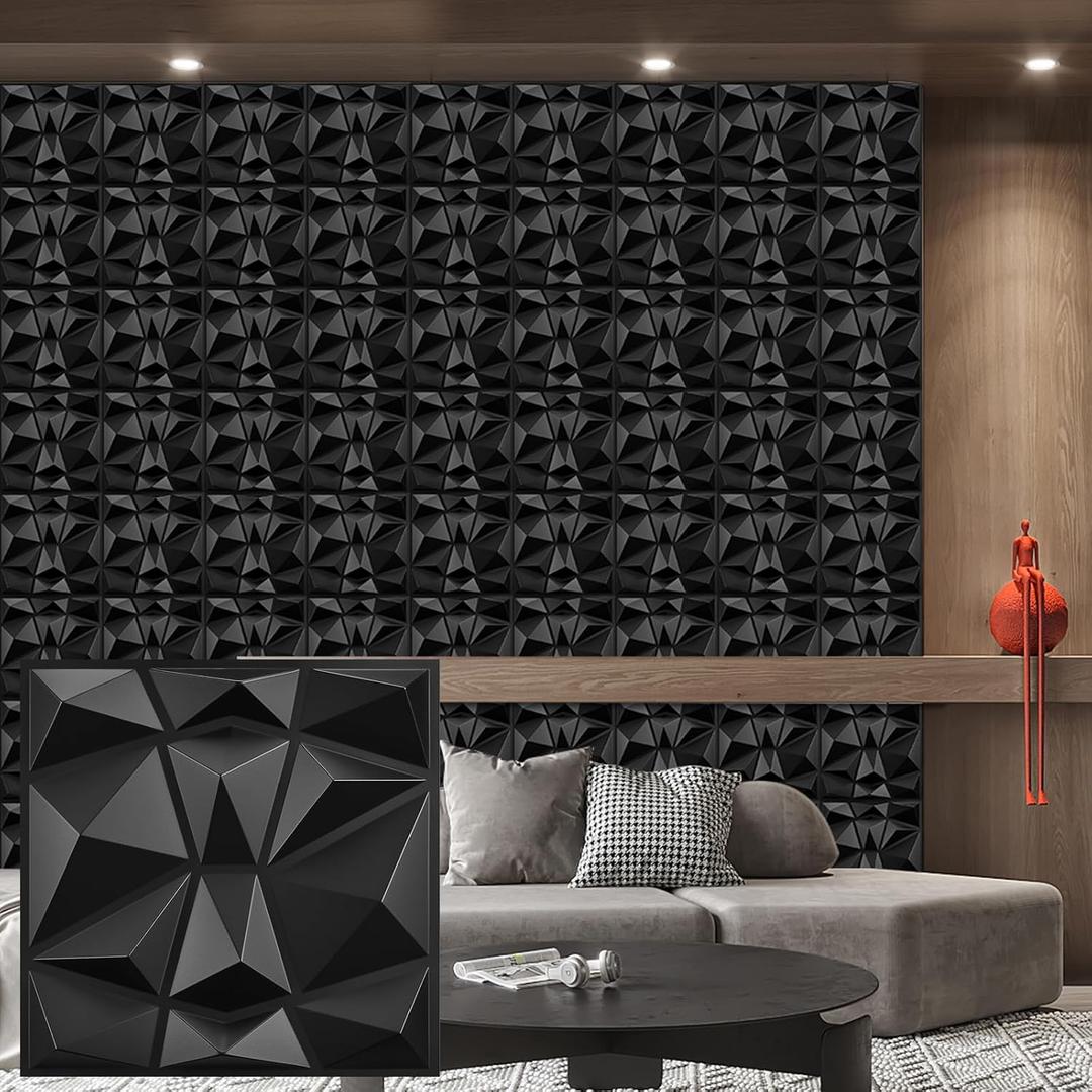 Heikki 30 Pack 3D Wall Panel for Interior Wall Décor, PVC Flower Textured Wall Panels for Living Room Bedroom Hotel Office, 11.8"x11.8", Double-sided Tape (Black-XLZ)