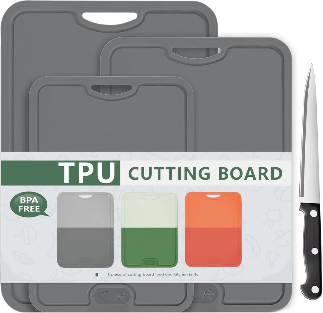 Gintan Flexible TPU Cutting Board with Knife and Juice Groove, BPA Free Flexible Chopping Boards for Kitchen Dishwasher Safe Easy Grip Handle(L+M+S-Drak Grey) (Three Dark Grey)