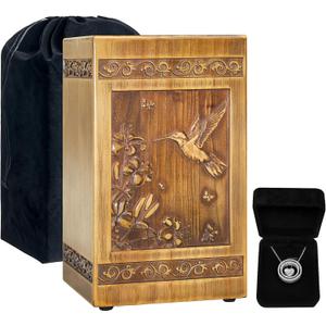 Wooden Urn for Ashes Adult Male Female, Handcrafted Large Cremation Urns Box for Human Ashes Adult Man Woman, Memorial Decorative Funeral Urn with Hummingbird Carvings, with Velvet Bag & Necklace