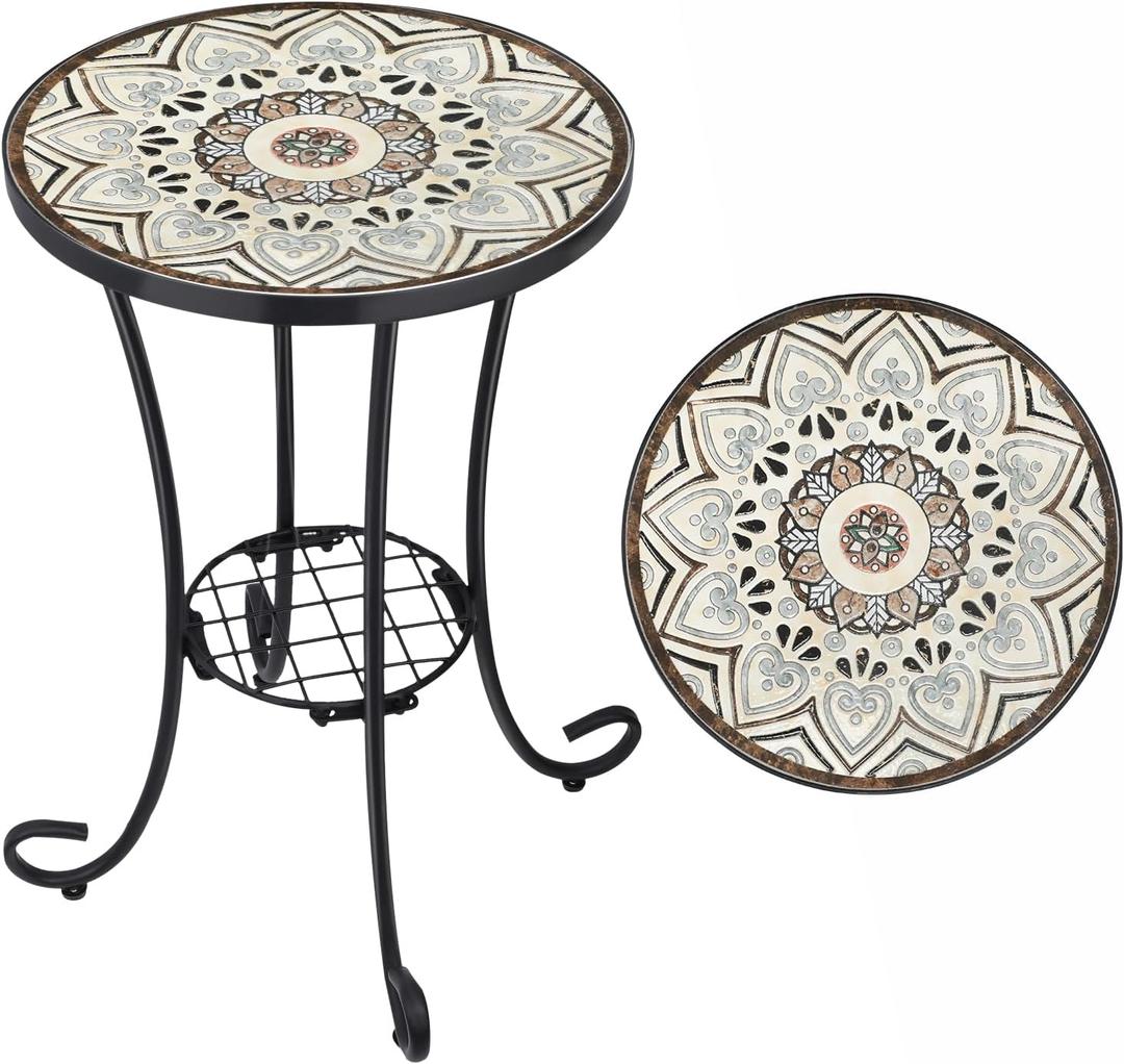 VCUTEKA Outdoor Side Table Mosaic Patio Table Accent Tables Mosaic Tile Top Metal Frame Small End Tables Porch Beach Patio Garden Balcony Brown 14'', 14 inches x 14 inches x 21.85 inches
