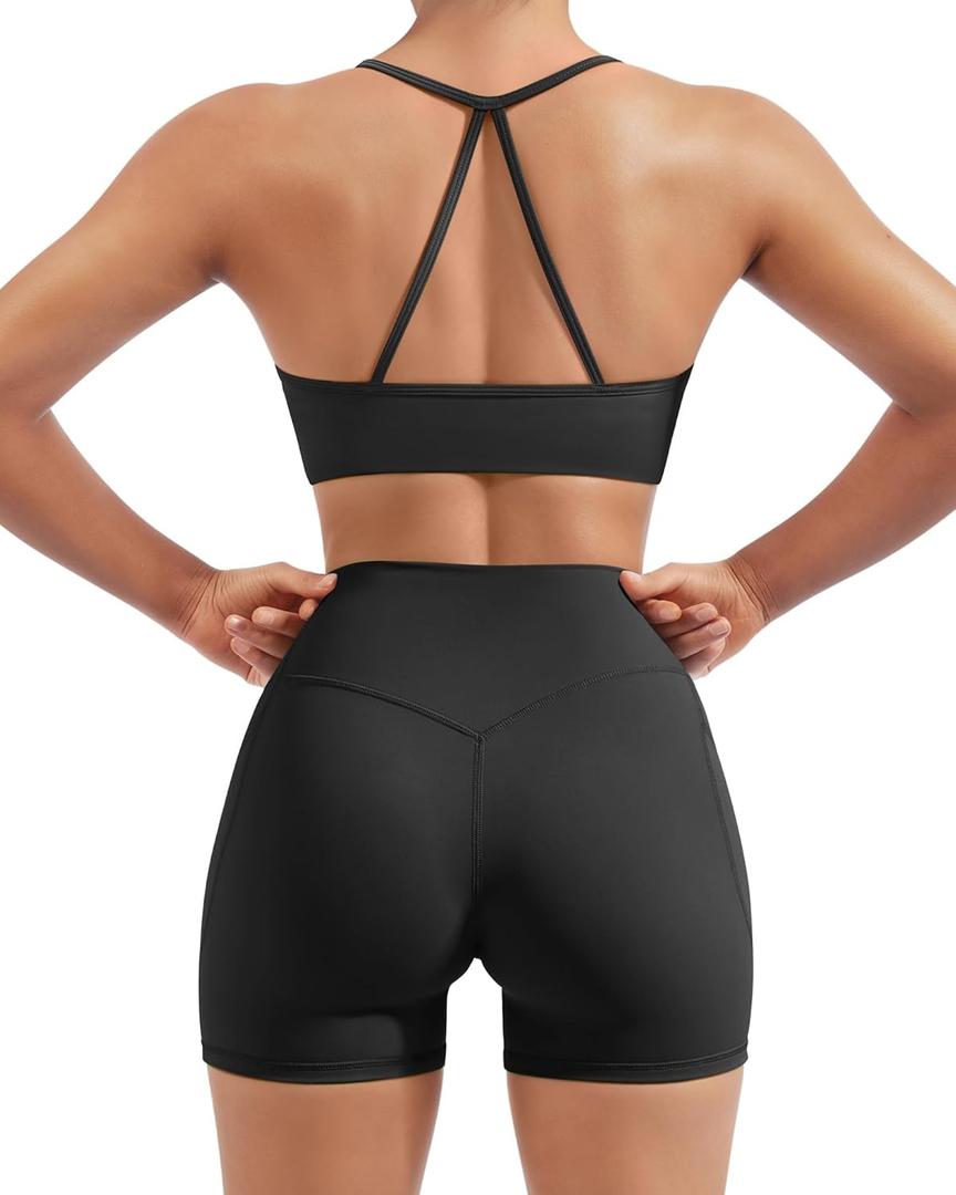 SUUKSESS Women 2 Piece Workout Sets Padded Halter Sports Bras High Waisted Biker Shorts with Pockets (Small, Black)