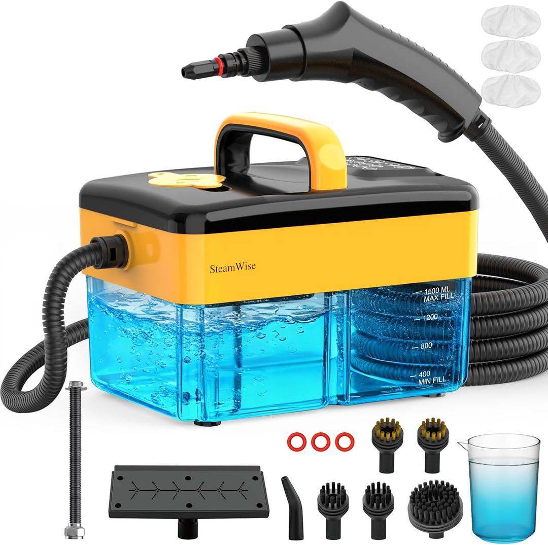 10S Fast Heating Heavy Duty Steam Cleaner 7 Adjustable Levels, 1.6 Quarts Tank, Continuous Spray, Natural Deep Cleaner, Portable Handheld Steamer with 15 Accessories for Home, Car, Tile (Yellow)