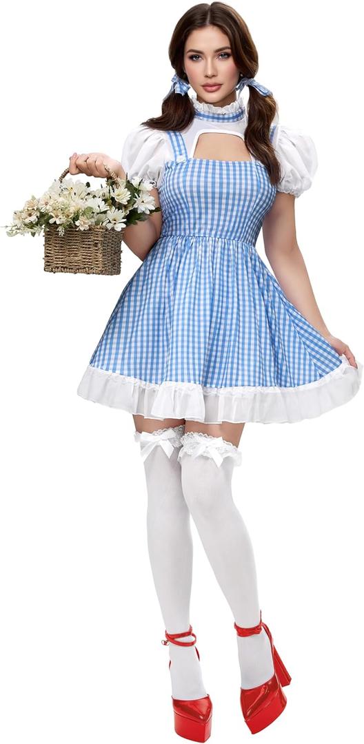Spooktacular Creations Halloween Women Dress Costume, Blue White Gingham Fairy Dress Character Cosplay for Daily Parties (Large)