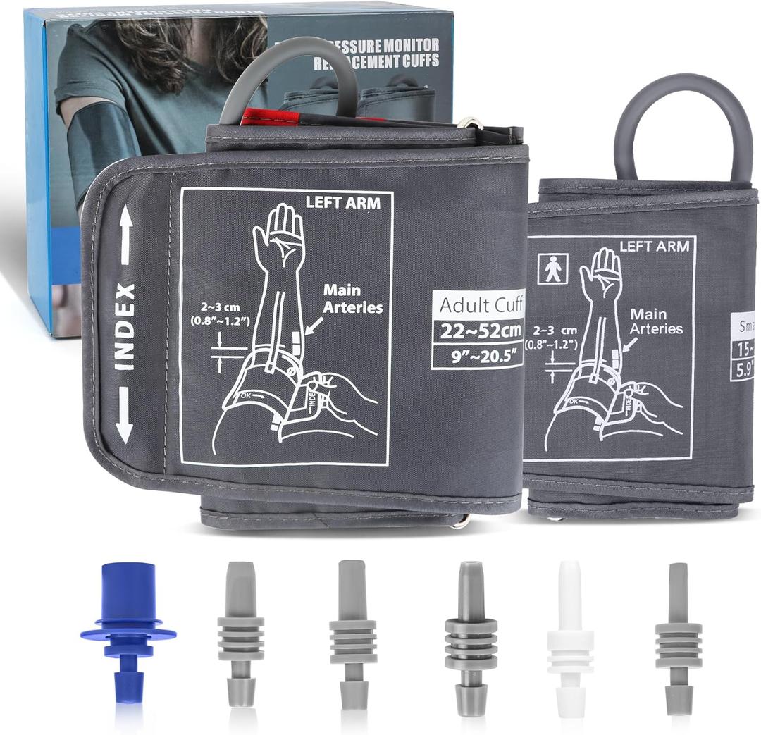 Full-Size Blood Pressure Replacement Cuffs - 5.9-9.5 & 9-21 Inches, Fit Small Medium Large XL XLarge Extra Large Big Arms, 6 Sizes of Connectors Compatible with Omron or Other Brands (Cuffs Only) (Gray)