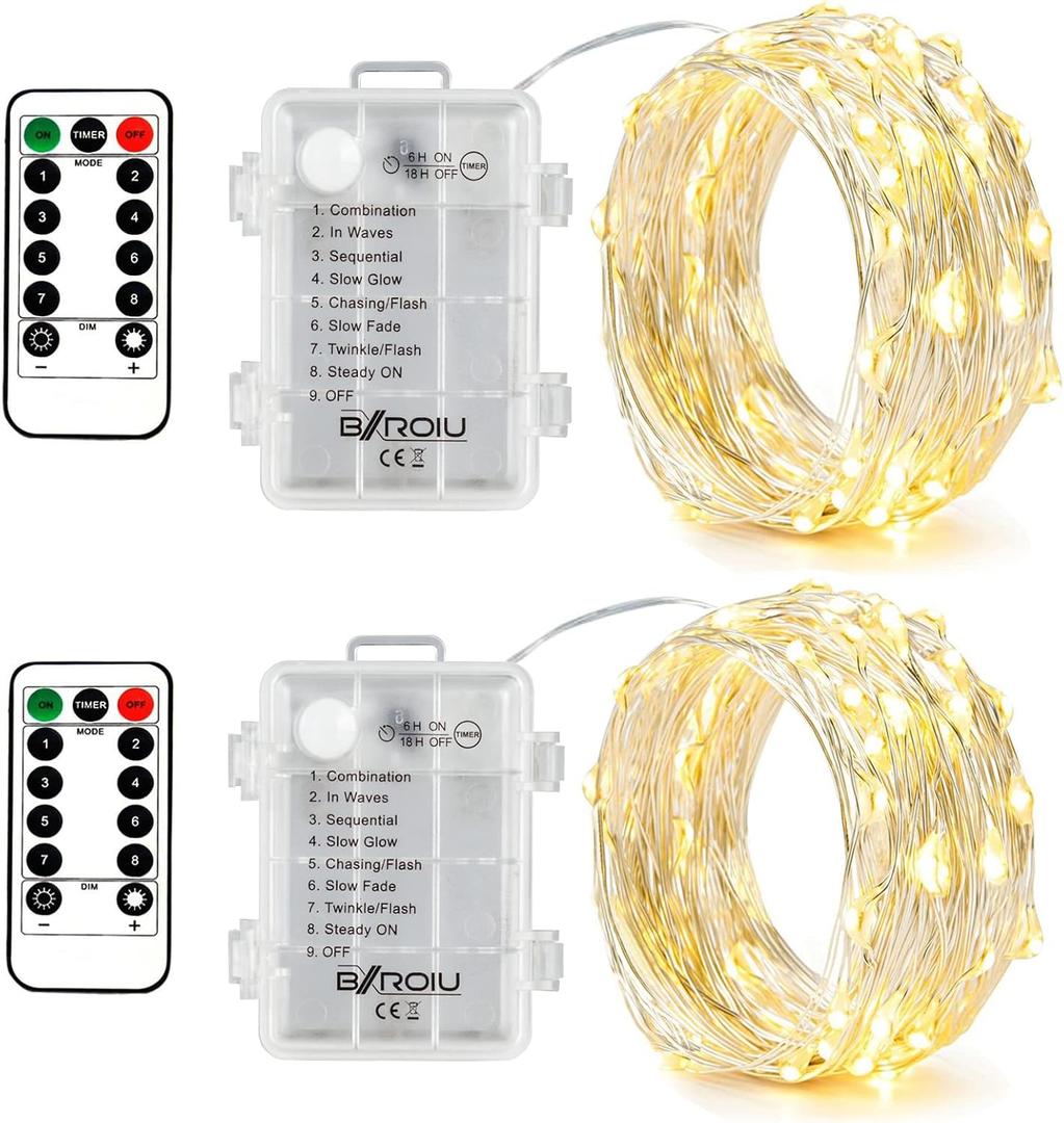 BXROIU 2 x Fairy Lights Battery Operated,Silver Wire Chains 8 Mode 16Ft/5Meter 50 LEDs Timer String Lights with Remote Control for Bedroom Christmas Party Wedding Decoration(Warm White)