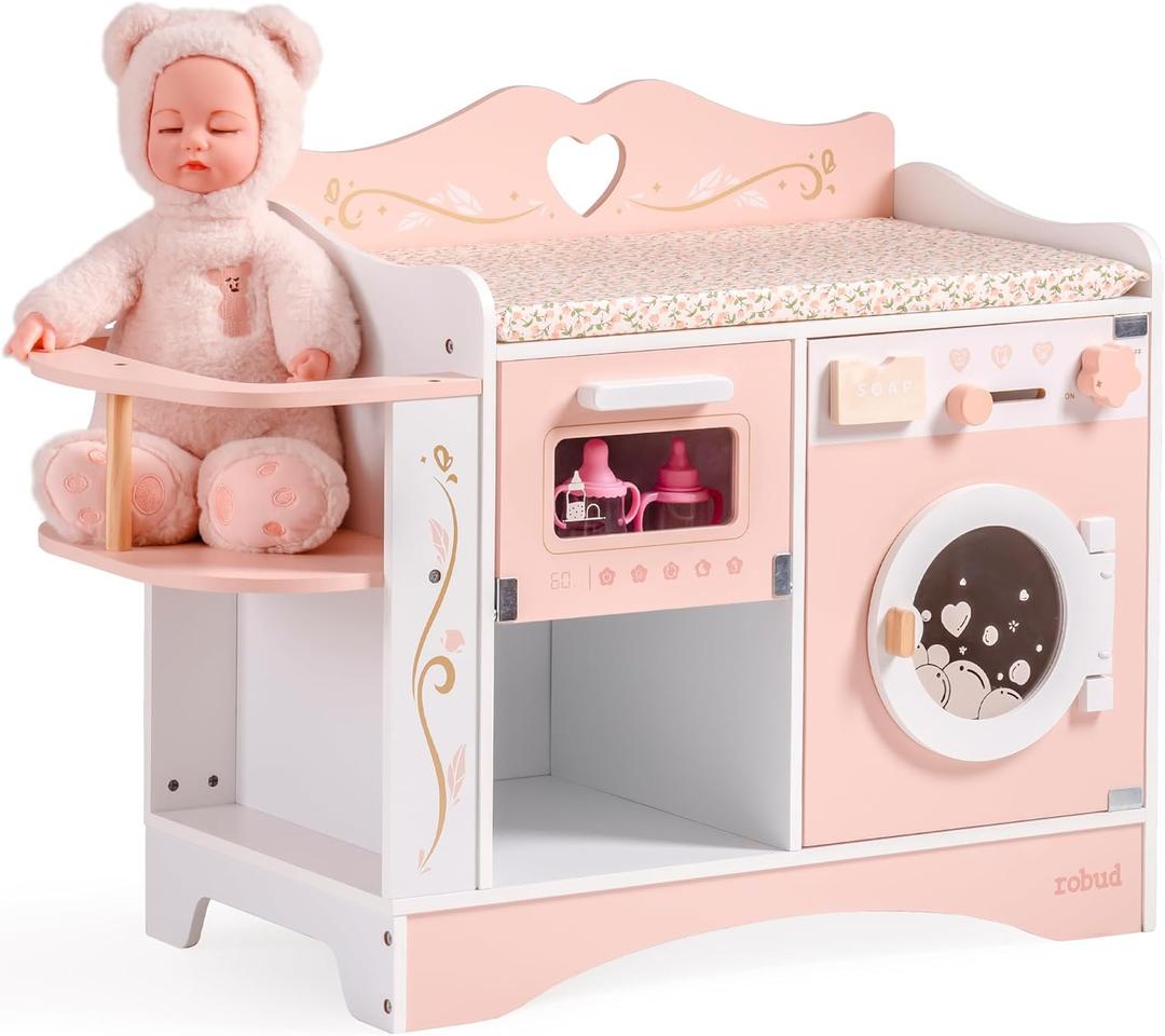 ROBUD Baby Doll Crib, Pink Baby Doll Beds, Wooden Doll Changing Station with Seat, Bottle Sterilizer, Washing Machine and Storage, Doll Accessories of Toy Crib to Kids, WDH20
