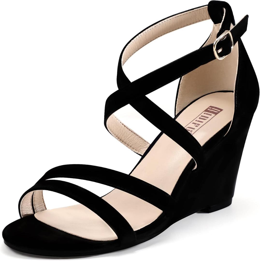 IDIFU Women's 3 Inch Strappy Wedge Sandals Open Toe Dressy Wedges For Women Black Nude Silver White Bridal Wedge Heels On Wedding Evening Summer, Black, Size 10