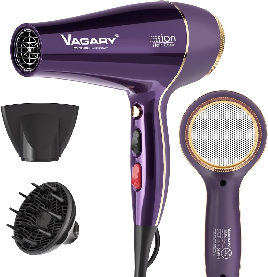 VAGARY 6690A Salon Pro Hair Dryer for Women,2200w Powerful AC Motor Fast Drying, Ionic Blow Dryer for Thick Hair,2 Speeds and 2 Heat Settings 1 Cool Shot Button(1 Diffuser and 1Concentrator) (Purple)