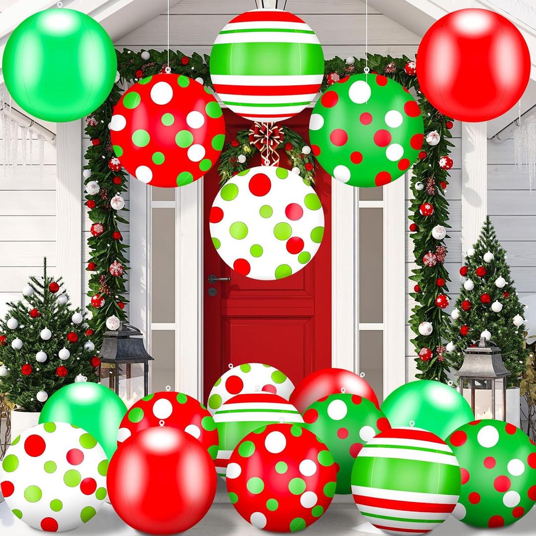 Jetec 18 Pcs 16 Inch Giant Inflatable Christmas Ball PVC Hanging Decorated Christmas Inflatables Indoor Outdoor Xmas Ornaments for Tree Yard Lawn Porch Holiday Festive Decorations (Polka Style)