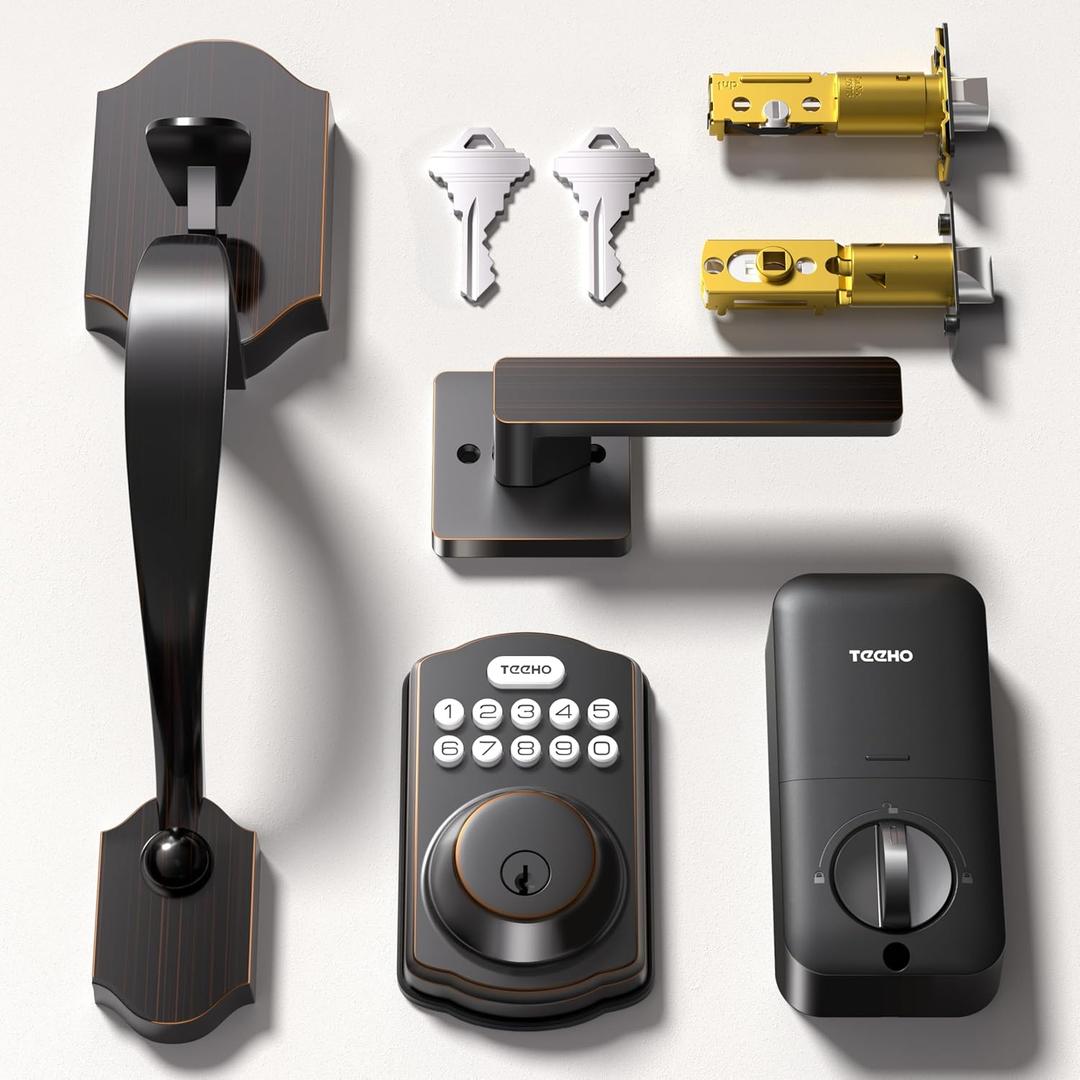 TEEHO Keyless Entry Door Lock Deadbolt with Handle Set, Electronic Digital Smart Locks Set for Front Door with 2 Keys, Easy to Install Keypad Deadbolt, Auto Lock - Oil-Rubbed Bronze