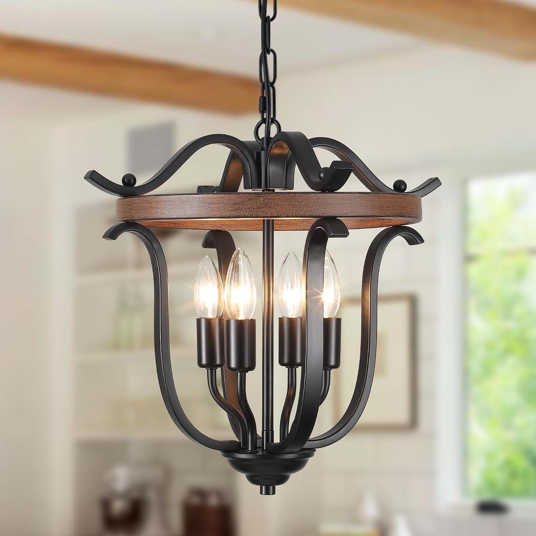 Black Farmhouse Chandelier 4 Lights, Vintage Cage Chandeliers E12 Base Ceiling Light Fixtures Semi Flush Mount Lantern Pendant Light for Dining Room Entryway Hallway Foyer Kitchen, 15.7 Inches