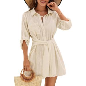 Blooming Jelly Womens Swimsuit Coverup Bikini Bathing Suit Cover Up Tie Side Beach Dress Shirt (Large, Beige)