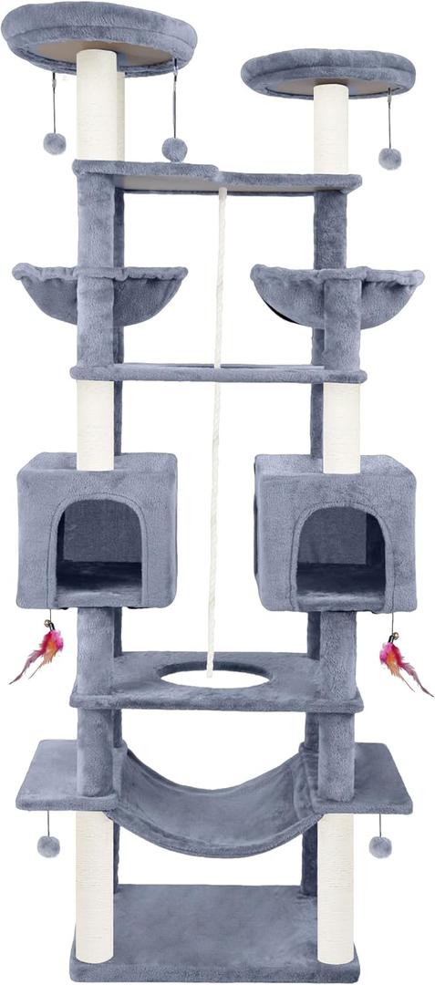 71in Multifunctional Multi-Level Cat Tree Tower for Indoor Cats,Cat Tree with Hammock,2 Condos,2 Hanging Baskets,2 Feather Toys,3 Perches,5 Hanging Balls,7 Scratching Posts,Grey