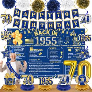 70th Birthday Decorations for Men Women Navy Blue Gold Vintage Back in 1955 Banner Happy 70th Birthday Honeycomb Centerpiece Hanging Swirls Sash Paper Pompoms Decor for Cheers to 70 Years Old Supplies