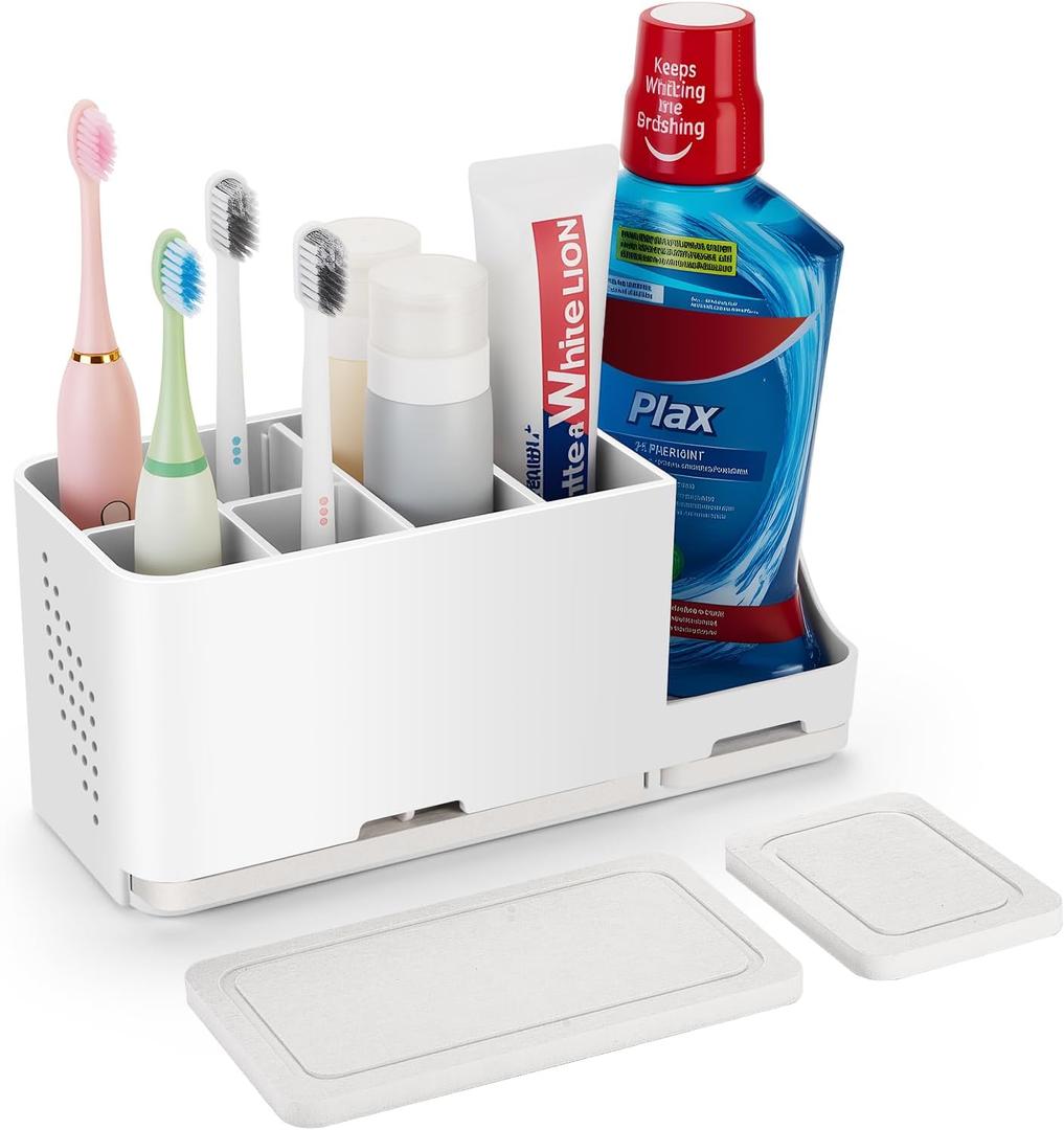 Toothbrush Holder for Bathroom Organizer with Diatom mud BoardDetachable 8 Slots Kids Electric Toothbrush Holder and Toothpaste Stand for Countertop Accessories Storage (White)