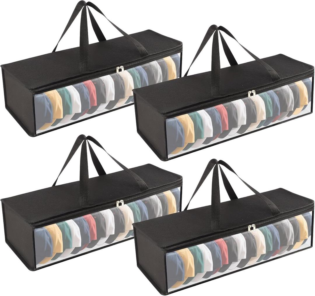 4 Pcs Hat Organizer for Baseball Cap, Hat Storage Bags with 2 Carry Handles Hat Holder Rack for Closet Travel Hat Organizer (Black)