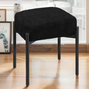 Vanity Stool Chair Faux Fur, 16.3"L x 12.8"W x 17.3"H Soft Ottoman, Makeup Chair Bench Furry Padded Seat with 4 Metal Legs, Footstool Multifunctional Chairs for Bedroom, Living Room, Black