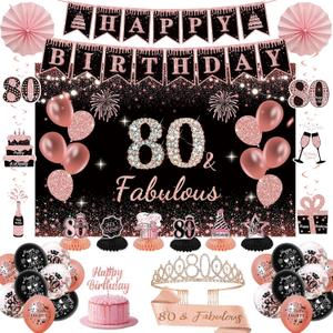 80th Birthday Decorations for Women - Rose Gold 37Pcs Golden Years Celebration Party Kit with Banner, Backdrop, Tiara, Sash, Cake Topper, Latex Balloons, Hanging Swirls, Centerpieces | Party Supplies