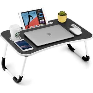 FISYOD Foldable Laptop Table, Portable Lap Desk Bed Table Tray, Laptop Stand with Cup Holder & Tablet Slot & Lifting Handle for Working Writing Drawing & Eating (Black), 15.7"D x 23.5"W x 10"H