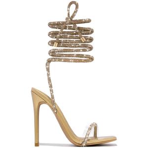 GATUXUS Sexy Women's Stilettos High Heel Gladiator Strappy Sandals Square Toe Lace Up Dressy Pumps Shoes (10, Gold)