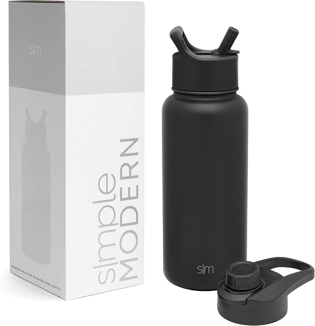 Simple Modern Water Bottle with Straw and Chug Lid Vacuum Insulated Stainless Steel Metal Thermos Bottles | Reusable Leak Proof BPA-Free Flask for Sports Gym | Summit Collection | 32oz, Midnight Black