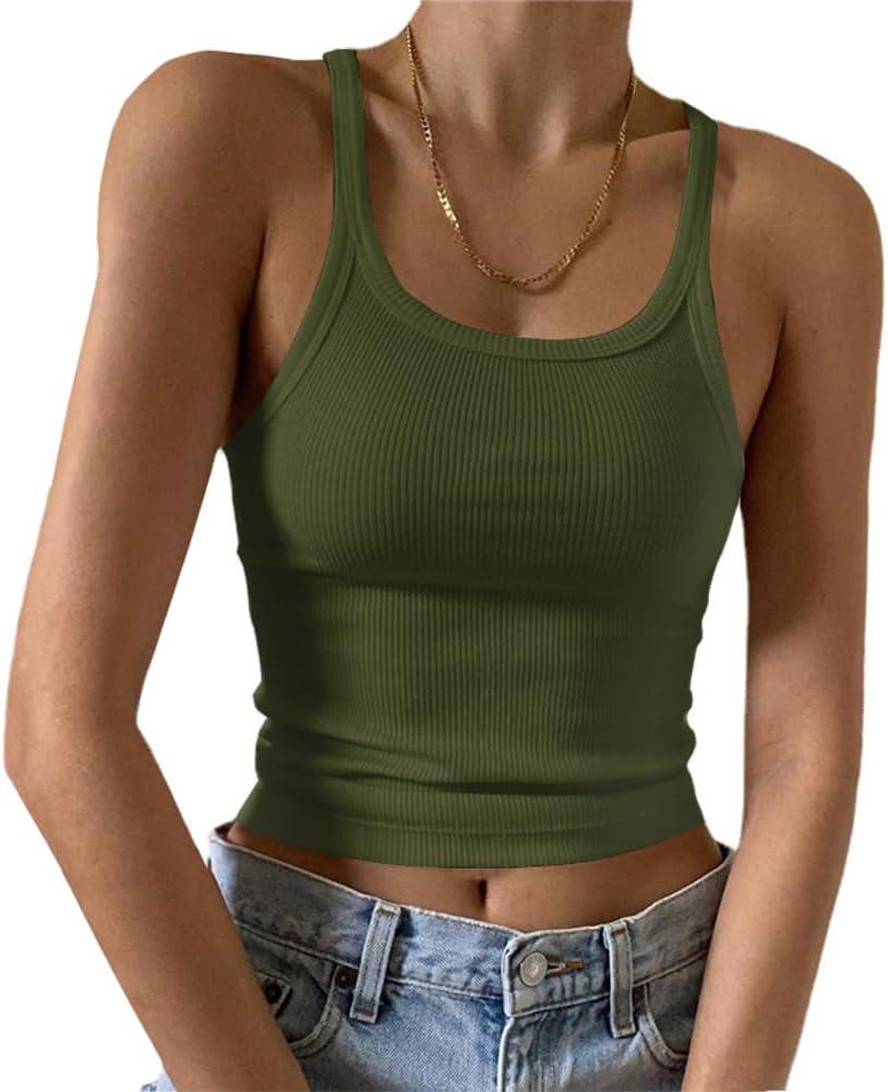 Artfish Women's Sleeveless Tank Top Form Fitting Scoop Neck Ribbed Knit Basic Cami Shirts (01#short Olive Green)