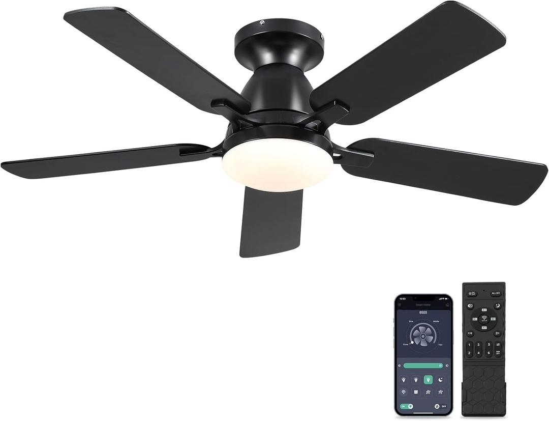 Ceiling Fans with Lights- 46" Low Profile Indoor Ceiling Fan with Light and Remote/APP Control, Flush Mount, LED Dimmable DC Reversible Modern Ceiling Fan for BedroomBlack