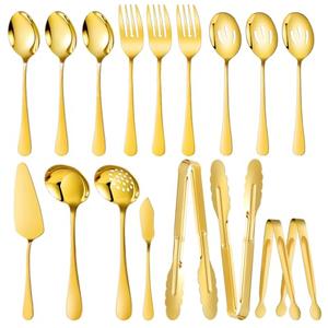 Mwellewm 17Pcs Serving Utensils, Gold Stainless Steel Serving Spoons, Slotted Spoon, Fork, Tongs, Cake Pie Server, Soup Spoon, Metal Buffet Banquet Cutlery Set for Parties Entertaining Catering
