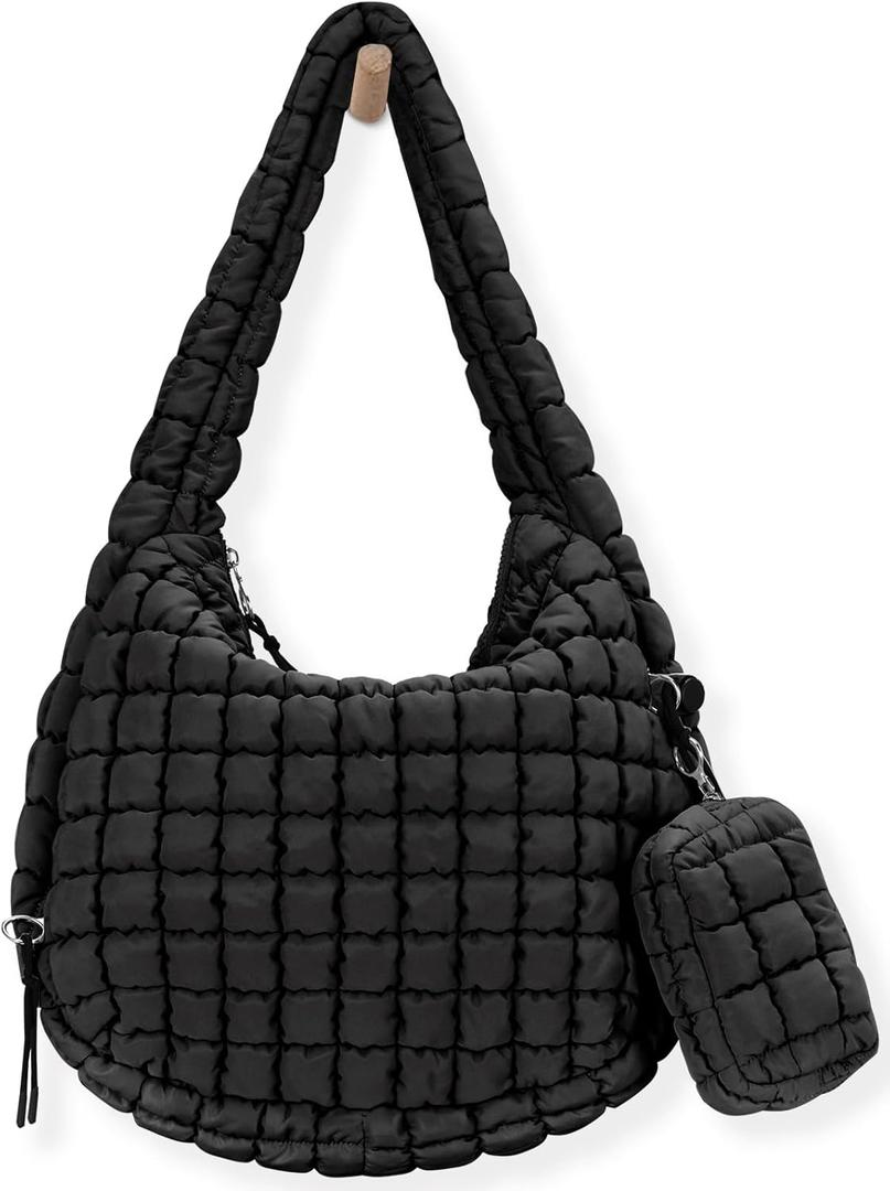 Puffer Tote Bag for Women Large Quilted Puffy Lightweight Carryall Crossbody Tote Bag for Women (Black)