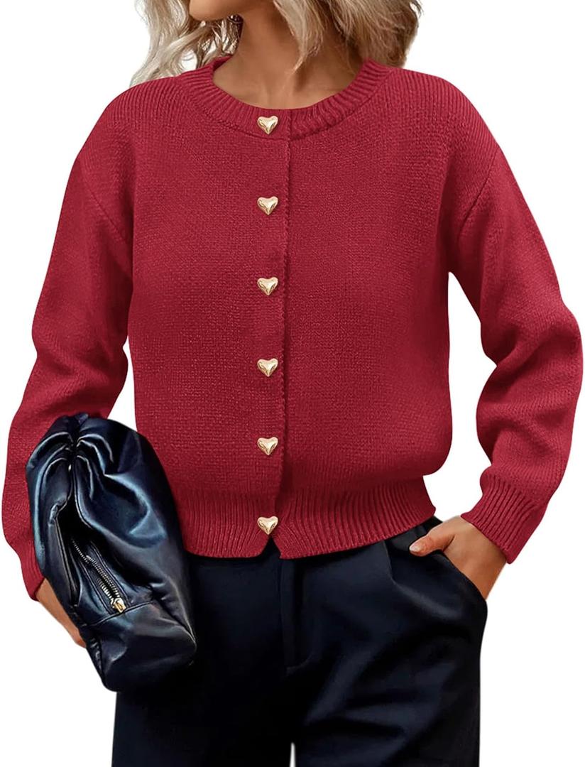 PRETTYGARDEN Cardigan for Women 2026 Fall Fashion Long Sleeve Trendy Button Down Work Office Sweaters Cute Winter Jacket (X-Large, Red)