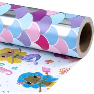 RUSPEPA Reversible Mermaid Wrapping Paper Roll, Mini Roll, Colorful Mermaid and Ocean Design with Iridescent Scales Pattern Gift Wrap for Girls Birthday Party, Baby Shower, 17 Inches x 16.4 Feet