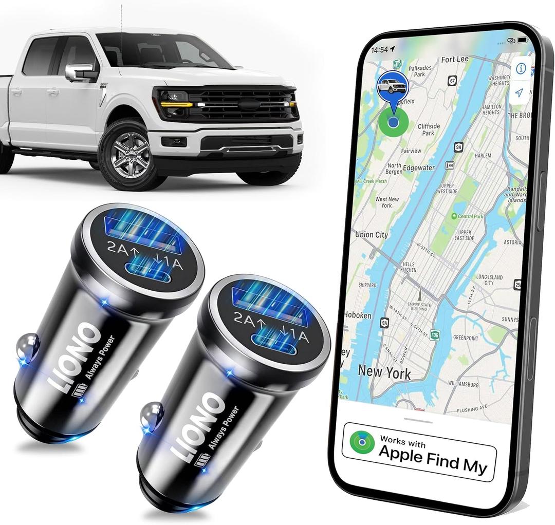 LIONO Car GPS Tracker & Charger with Built-in Rechargeable Battery, GPS Tracker for Vehicles, Hidden Car Tracker for Anti-Theft & Parking Location, for Family& Fleets, No Monthly Fee, No SIM, iOS Only (2 Pack)