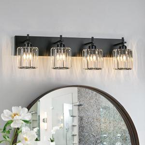 Black Crystal Bathroom Vanity Lights, Modern 4-Lights Bathroom Lighting Fixtures Over Mirror, Crystal Wall Lighting with Round Shade