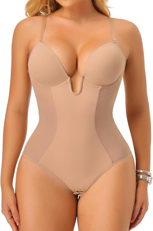 Women Backless Shapewear bodysuit Tummy Control Shaping Bodysuit with Built-In Bra Plunge U Neck Body Shaper for Wedding Party
 M